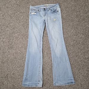 VTG LEI Women's y2k Low Rise Hip Hugger Yellow Flower‎ Stitch Flared Jeans 31x32